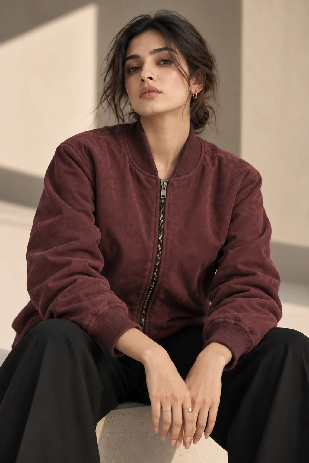 Seated portrait in the suede bomber