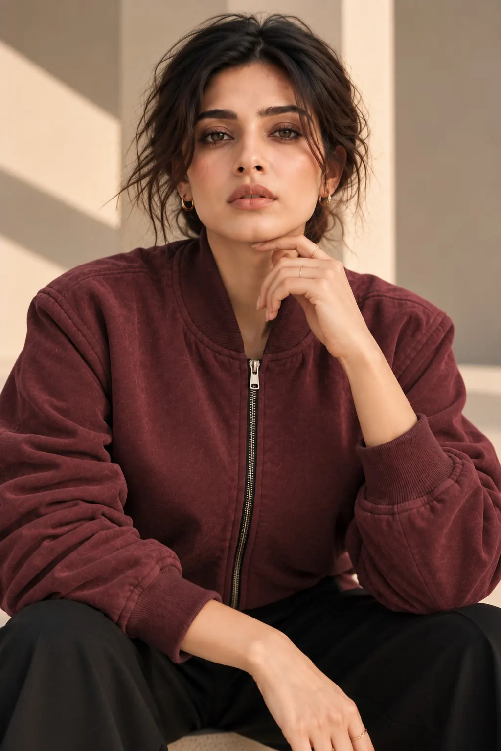 Model in the Velino suede bomber
